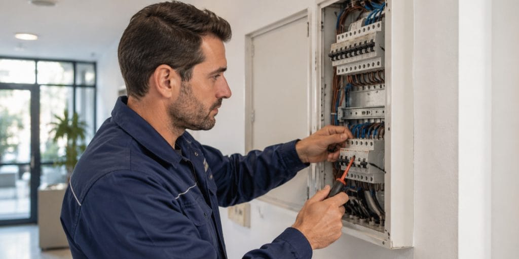 Técnico realizando mantenimiento preventivo en una comunidad de propietarios en la Axarquía